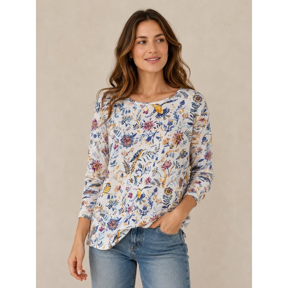 Sundance Floral Bird Print Boho Cottagecore Long Sleeve Top Large